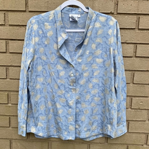 FINLEY Mandarin Collar Gold Leaf Jacquard Long Sleeve Shirt Size Medium - Picture 1 of 9